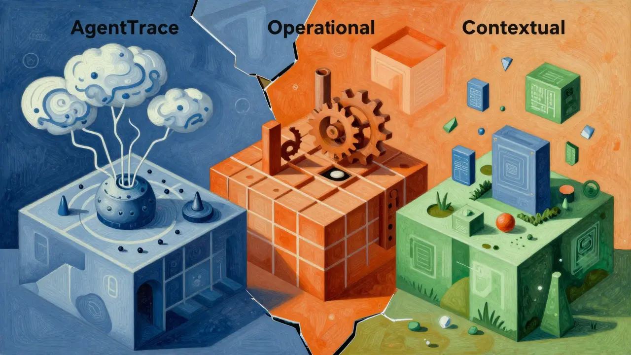 Cubist illustration of AgentTrace framework with cognitive, operational, and contextual layers