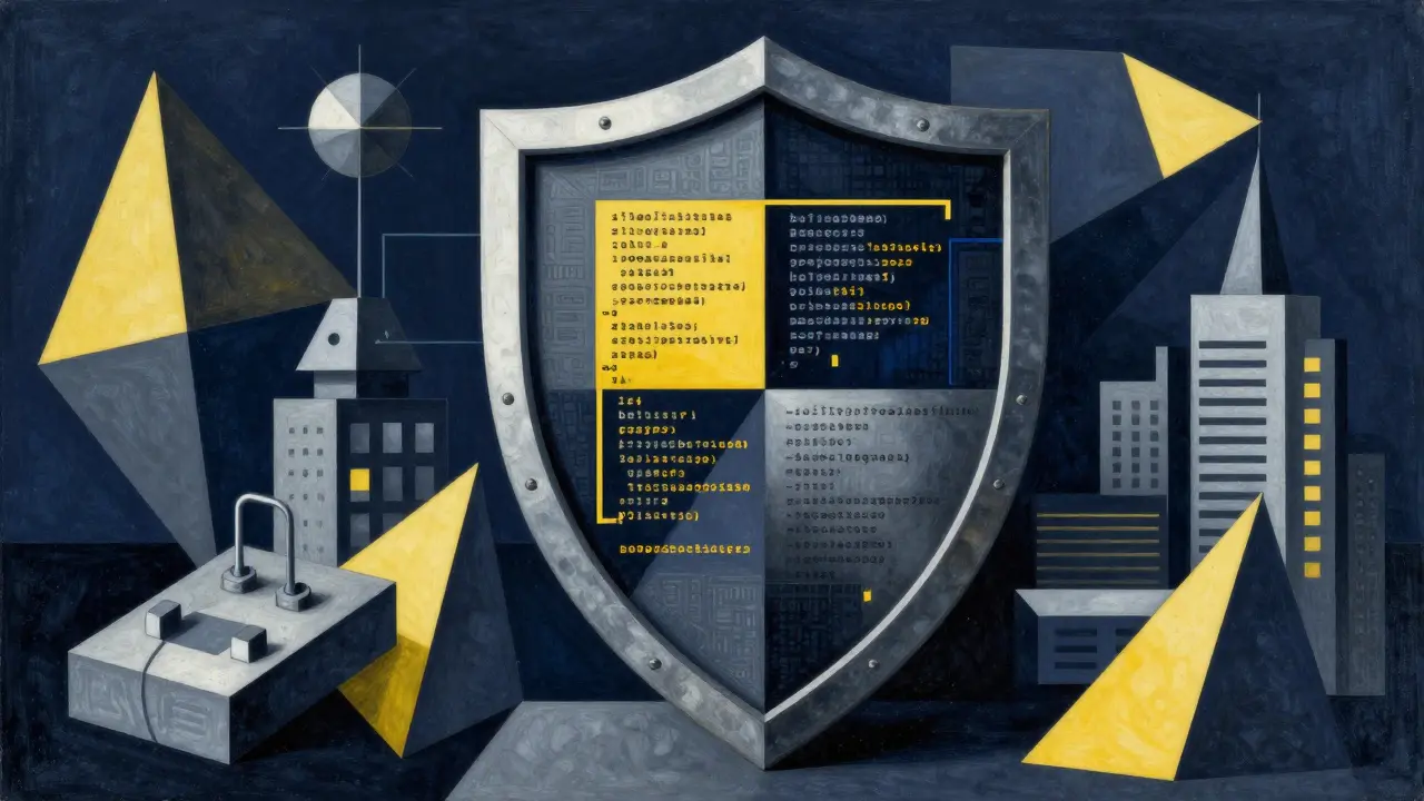 Cubist illustration of AI security guardrails and code validation