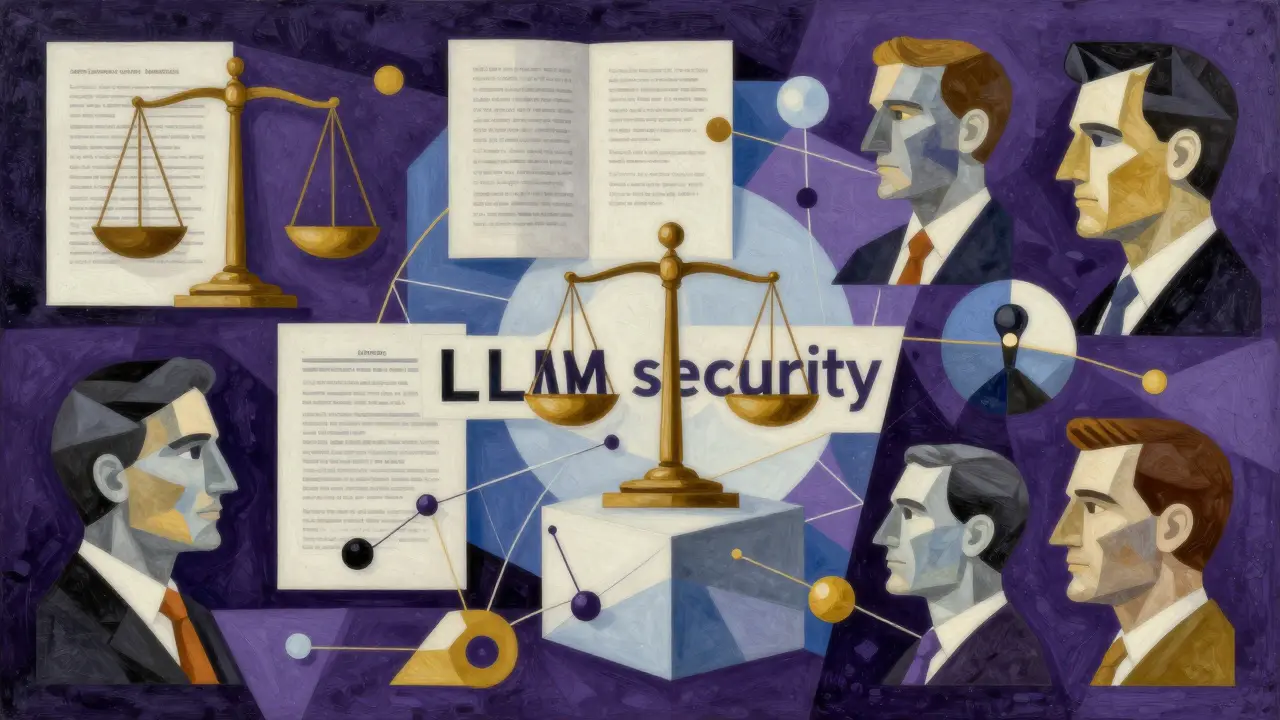 Cubist illustration of fragmented legal documents and network nodes