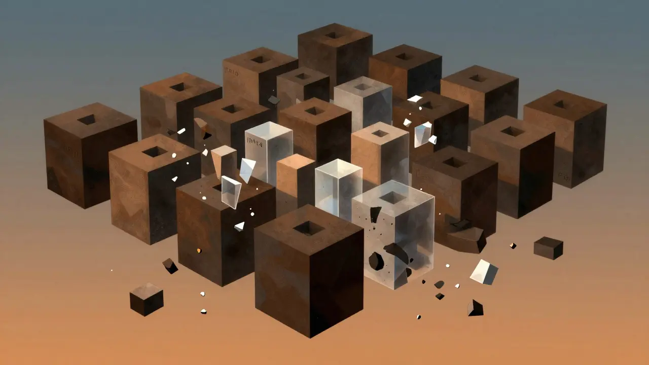 Cubist illustration of neural network weights breaking into smaller efficient parts
