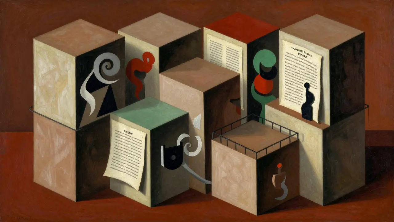 Cubist illustration of rigid geometric guardrails blocking chaos