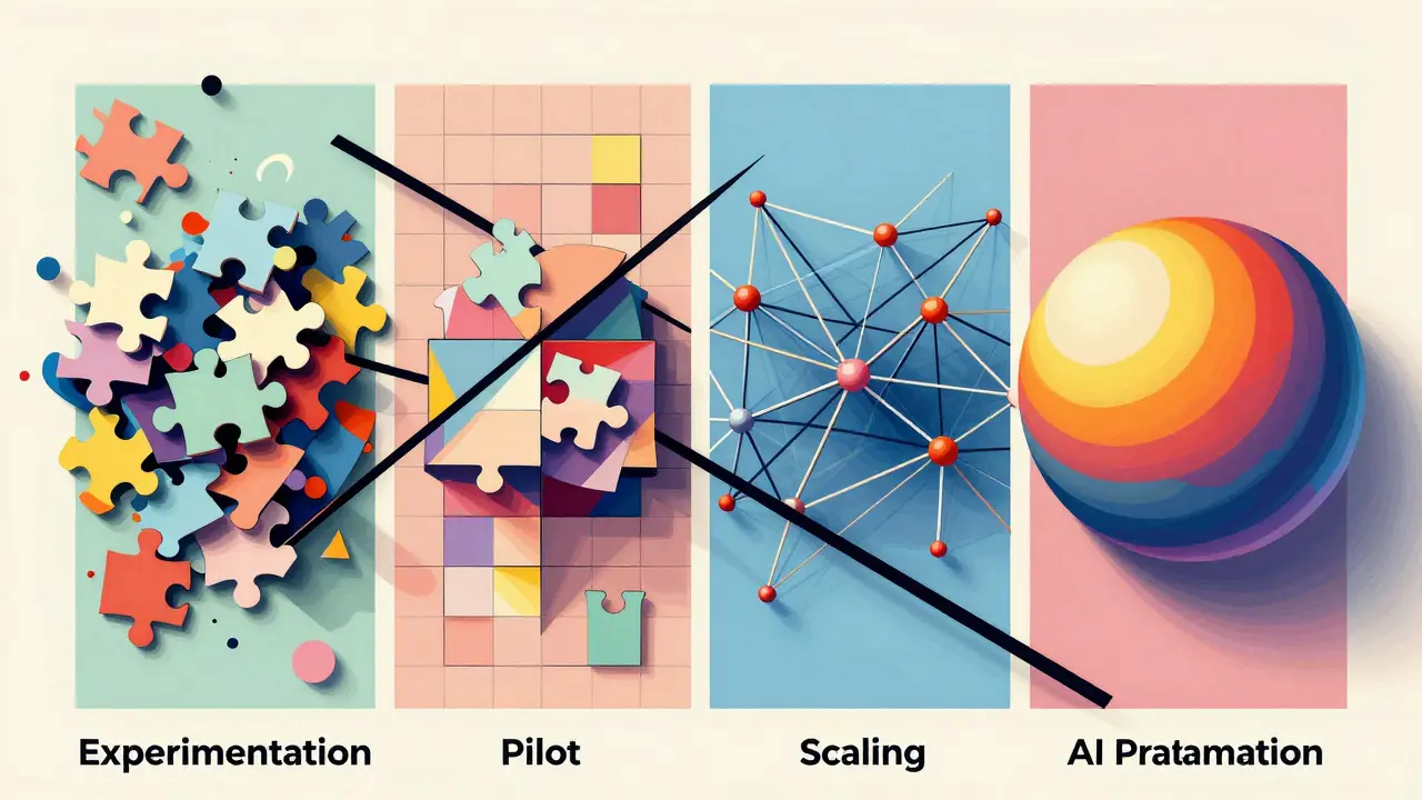 Cubist illustration of the four stages of generative AI maturity