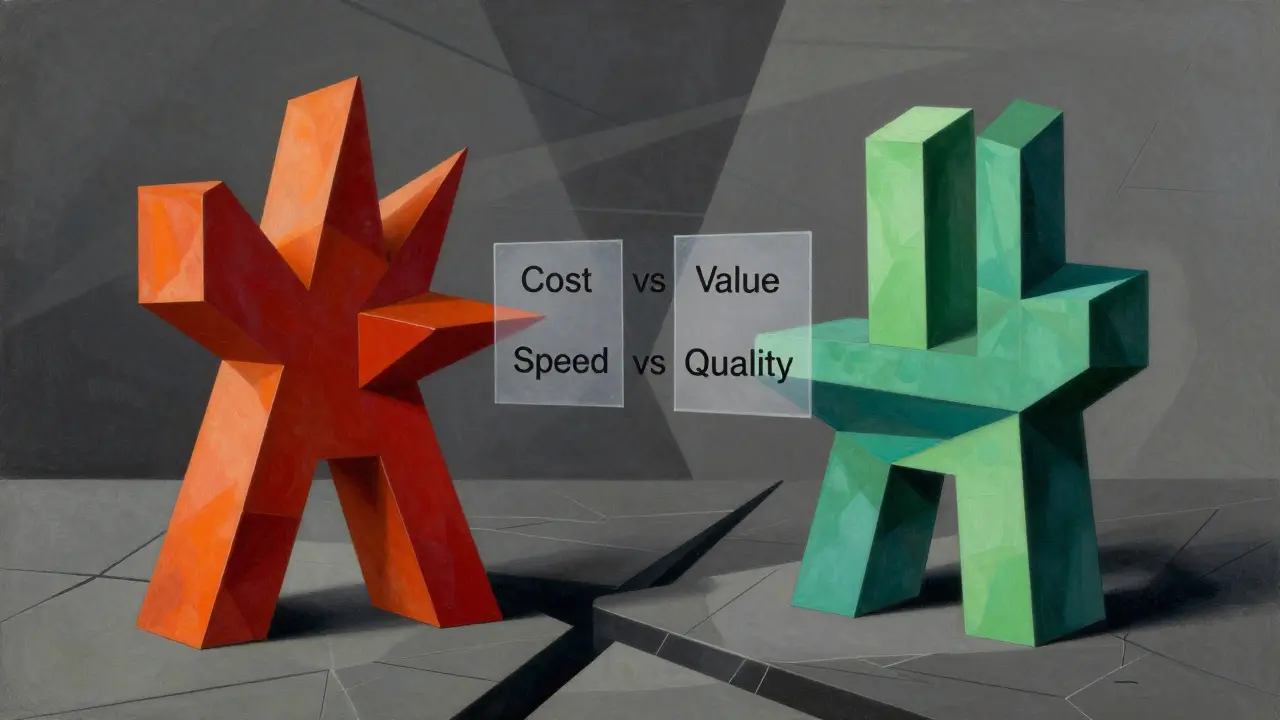 Cubist illustration of two geometric structures representing trade-offs between options.