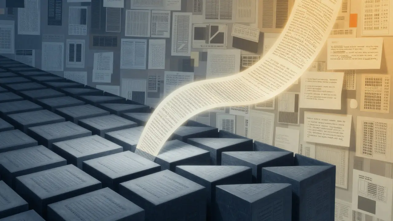 Cubist image blending rigid data grids with flowing narrative insights in blue tones.