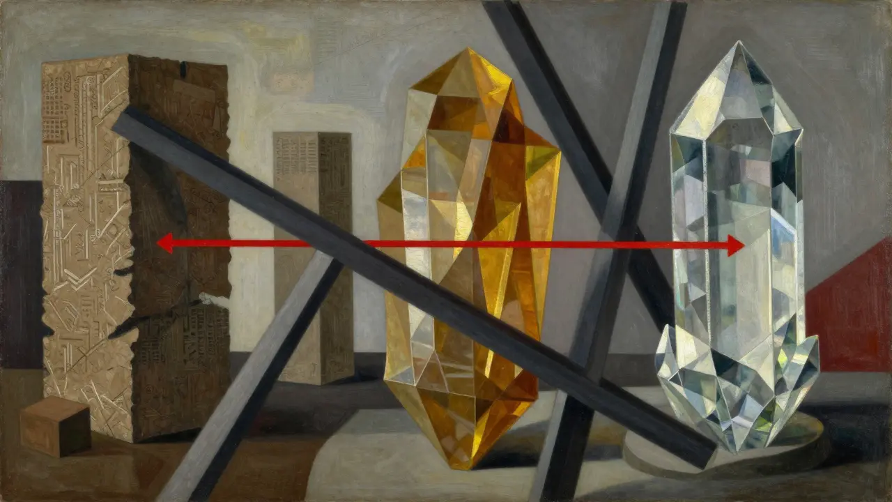 Cubist painting illustrating AI lineage from input to output with guardrails