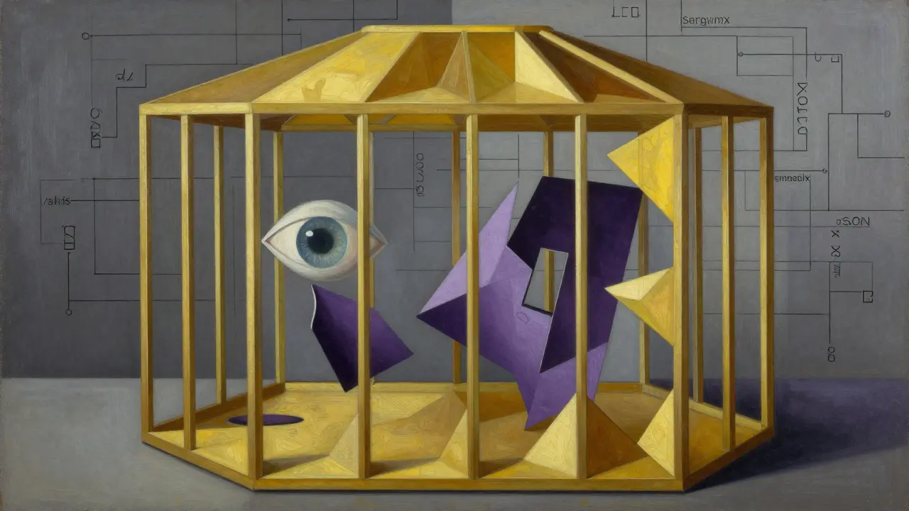 Cubist painting of a perfect geometric cage containing surreal, incorrect data.