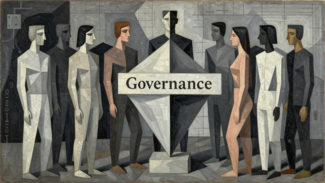 Cubist painting of fragmented figures around a governance core