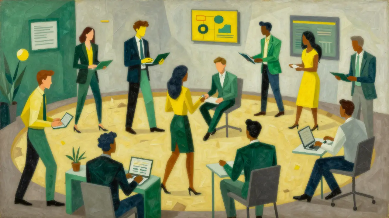 Cubist scene of diverse teams collaborating on apps