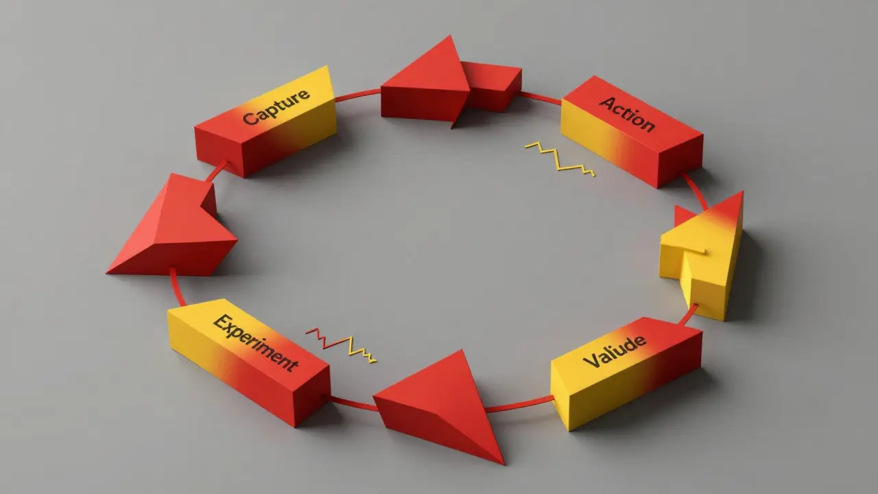 Cubist visualization of continuous improvement loop for LLM agents with geometric cycles
