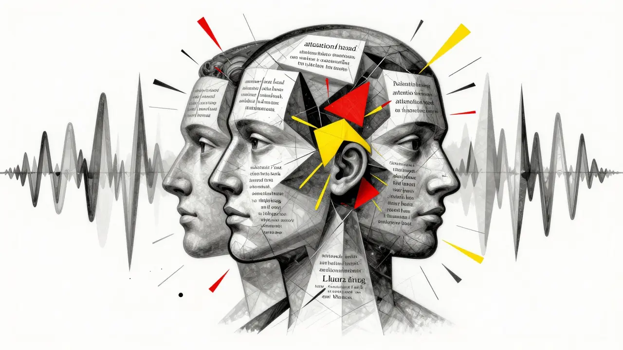 Fragmented cubist head with multiple sections, symbolizing multi-head attention mechanisms.
