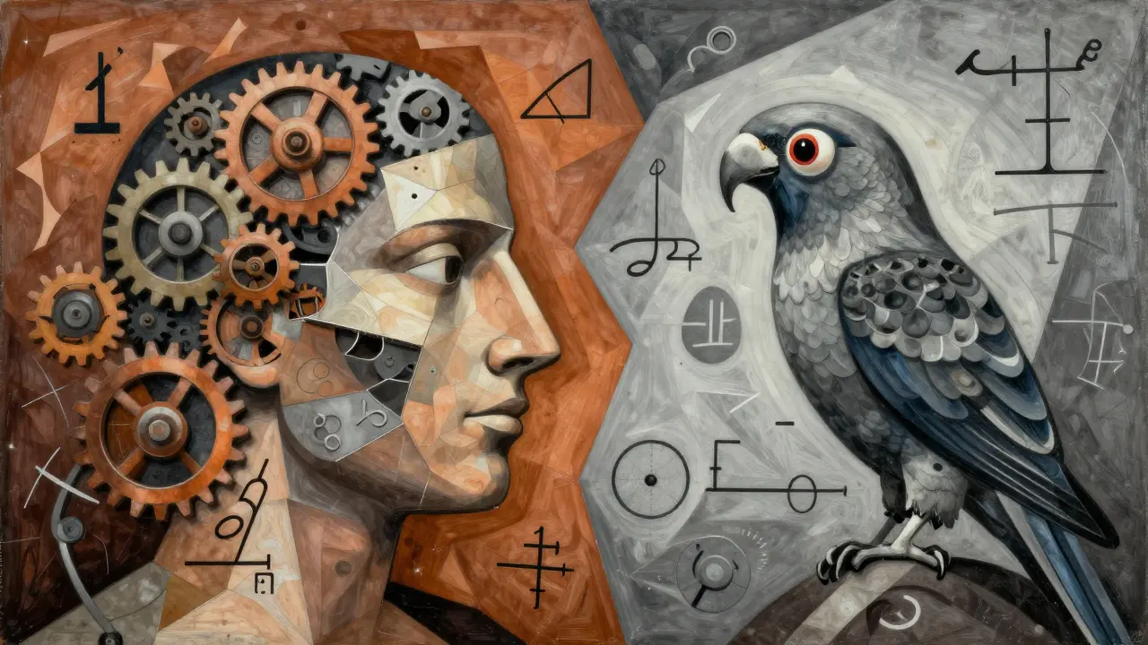 Fragmented cubist portrait blending human mind with mechanical patterns