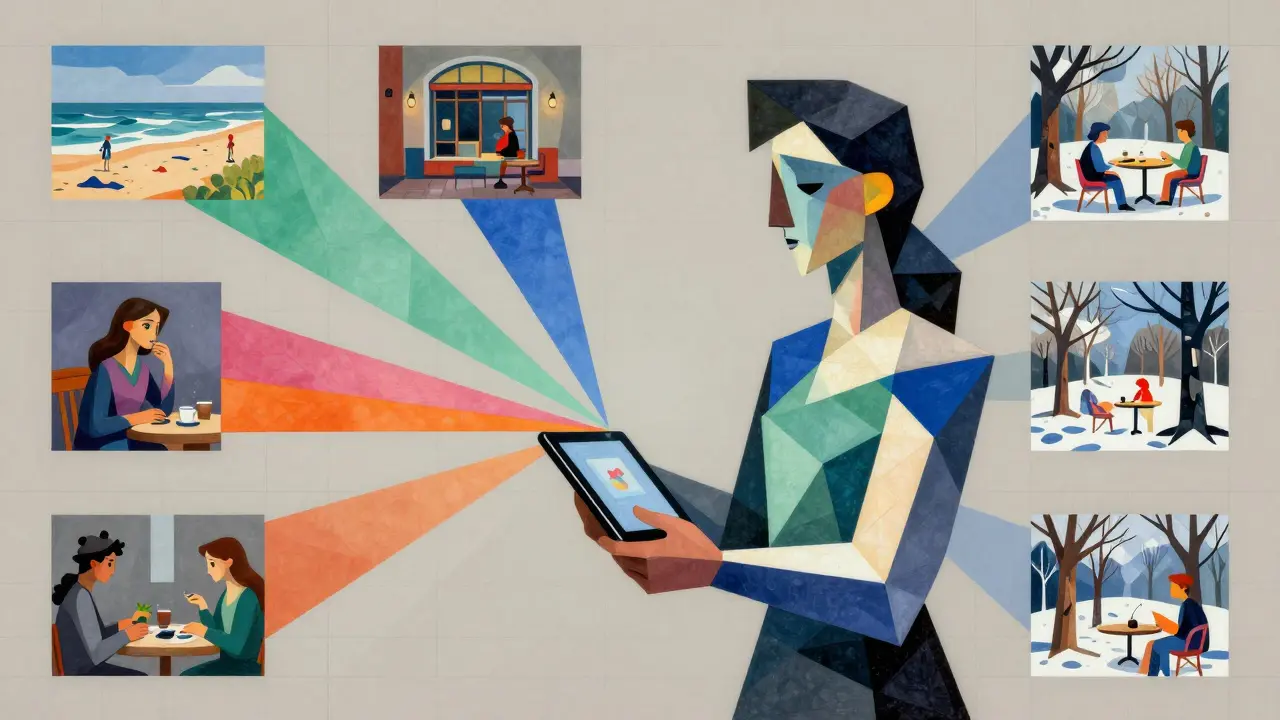 Geometric cubist art showing AI generating multiple lifestyle scenes
