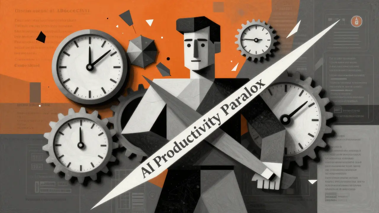 Geometric cubist depiction of AI productivity paradox and time loss