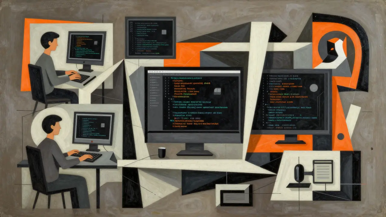 Geometric cubist depiction of hybrid dev workflows