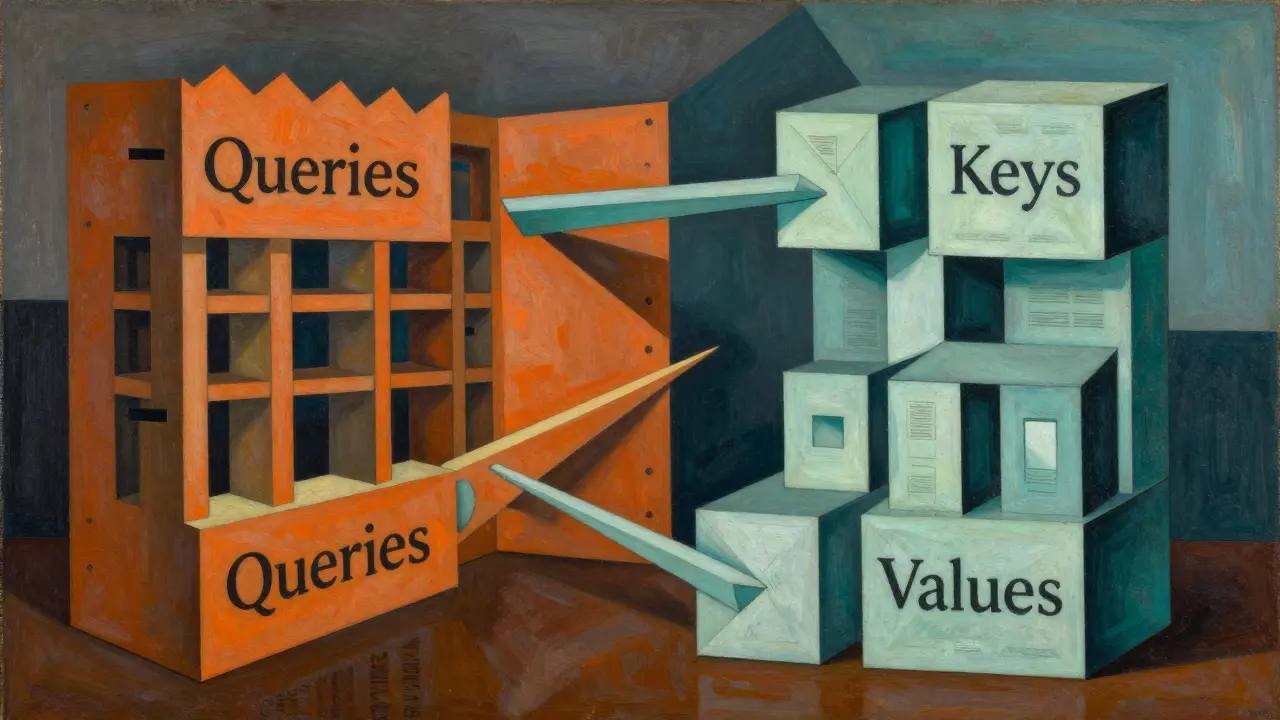 Geometric cubist illustration of library elements representing query, key, and value vectors.