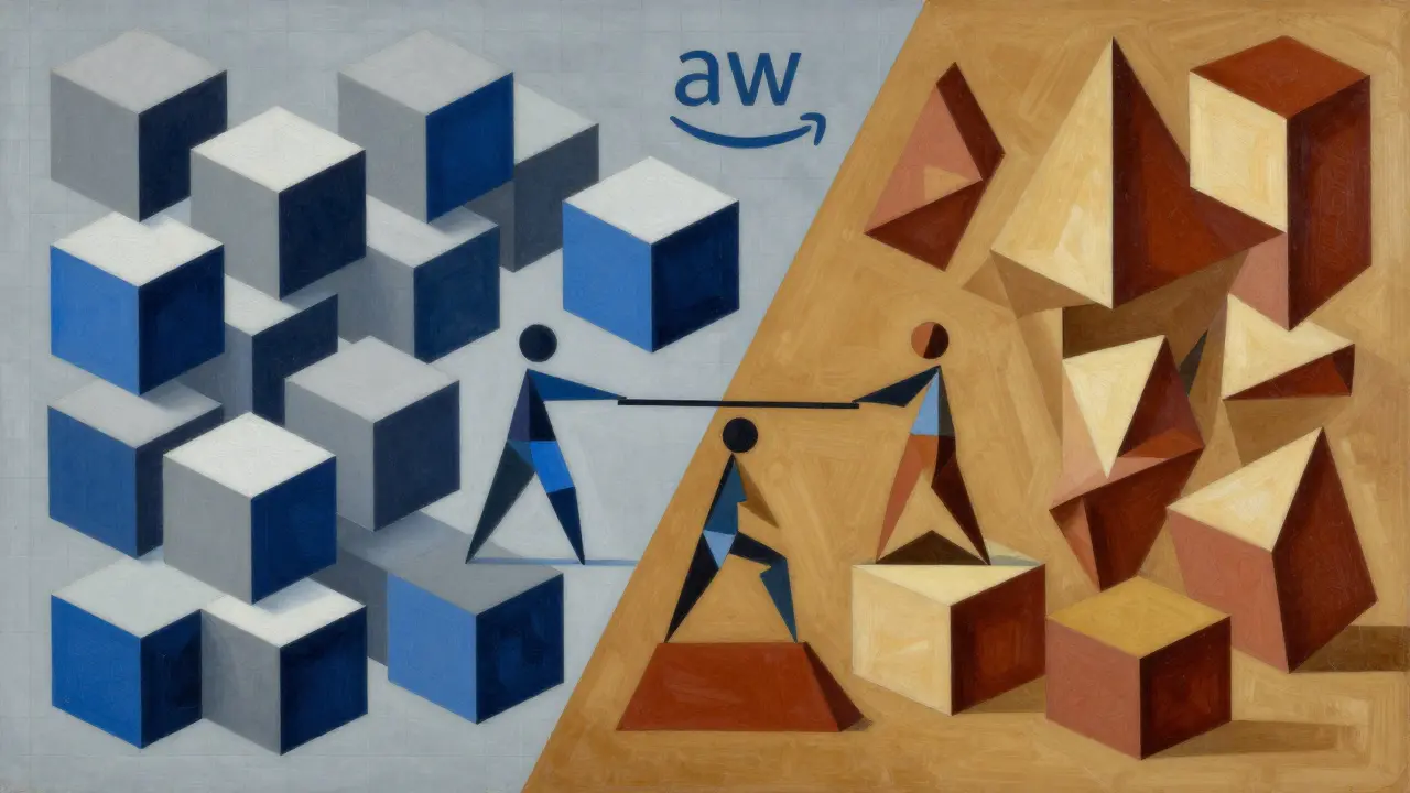 Geometric cubist split comparing structured API vs chaotic open-source AI.