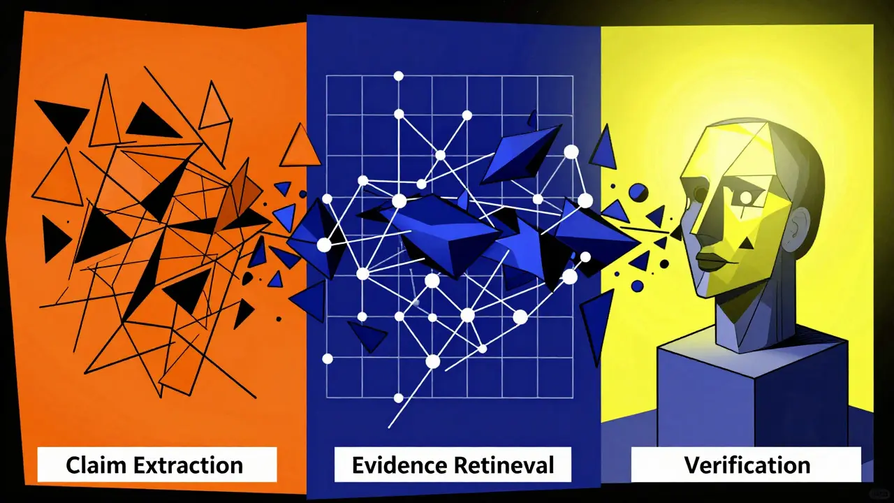 Geometric cubist visualization of a three-stage fact-checking pipeline process.