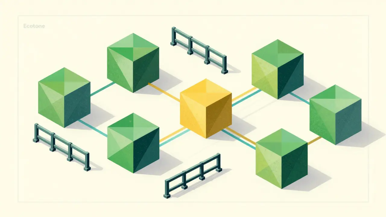Structured cubist illustration of organized microservices connected by golden lines