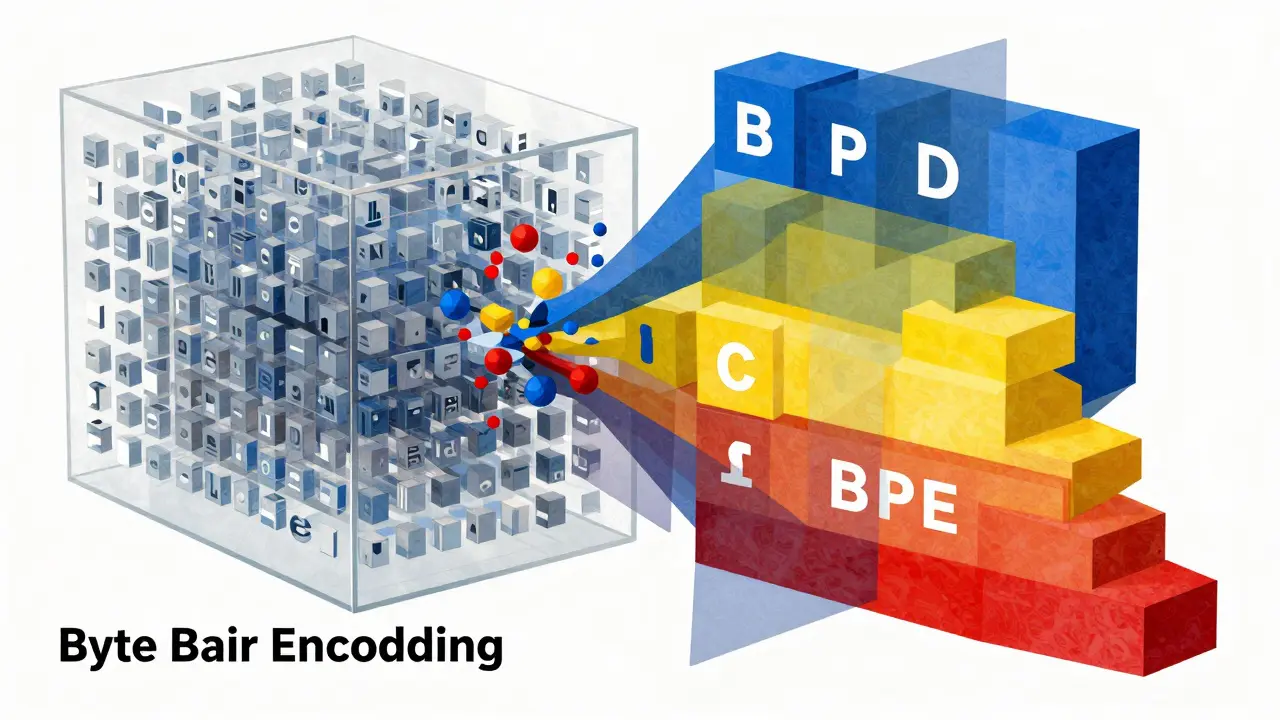 Abstract Cubist scene of geometric blocks merging, representing BPE and data flow.