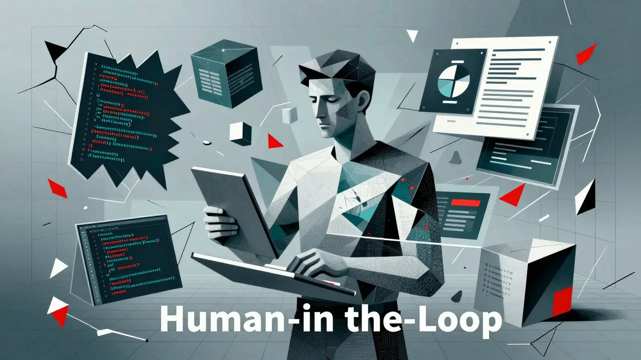 An abstract Cubist artwork depicting a human reviewer interacting with fragmented data structures, symbolizing the oversight required in partial automation workflows.
