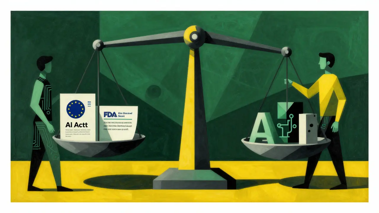 Cubist art showing the balance of regulatory compliance and AI oversight in high-stakes fields