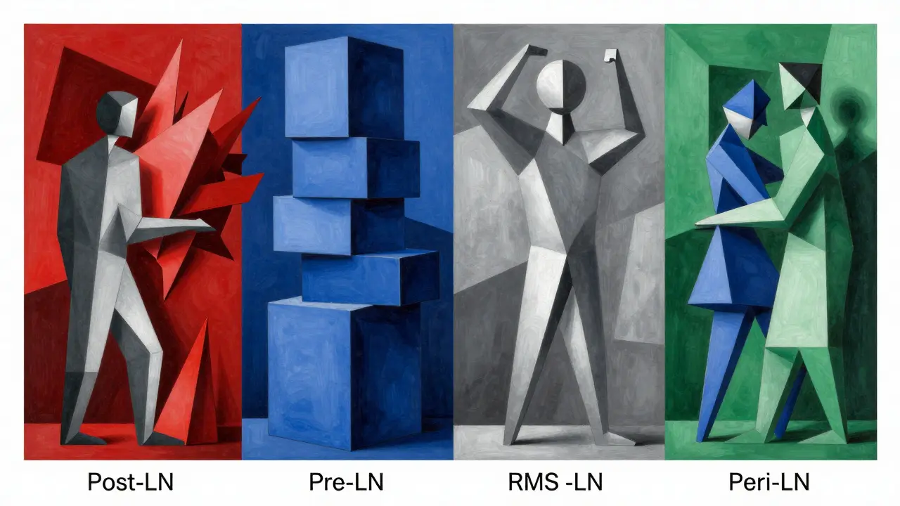 Cubist comparison of Post-LN, Pre-LN, RMSNorm, and Peri-LN strategies using geometric shapes.
