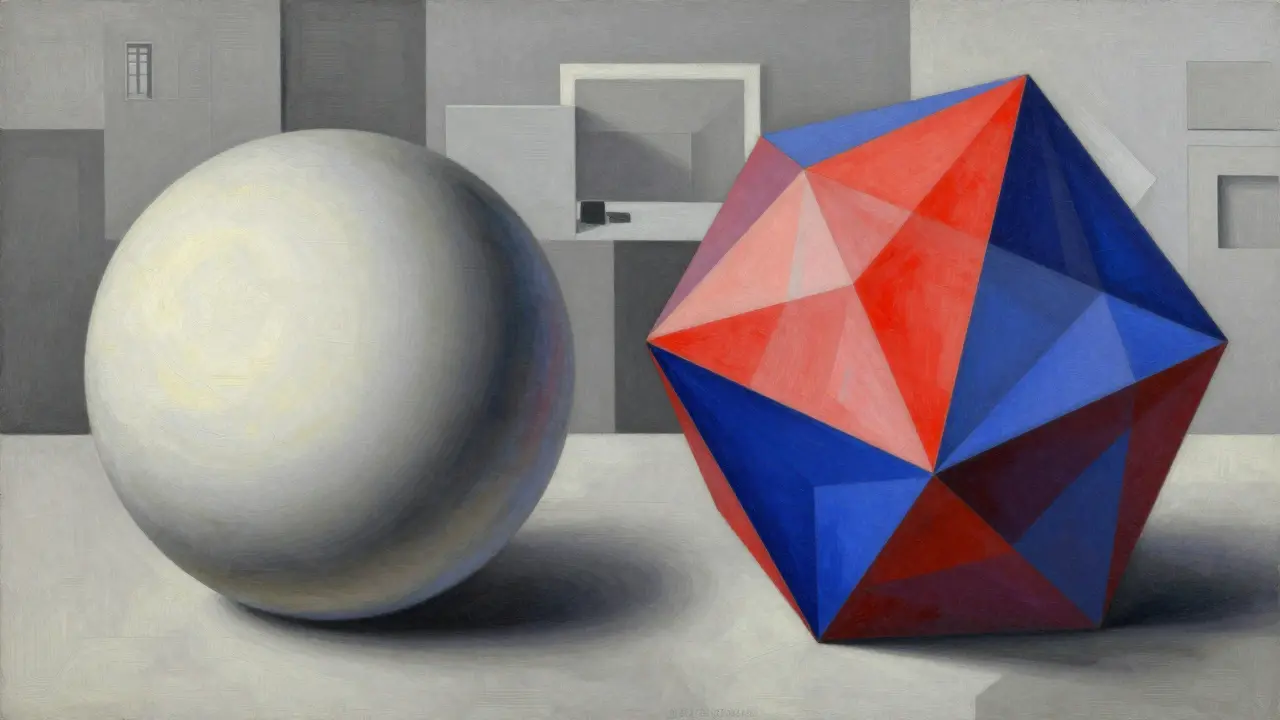 Cubist contrast between simple and complex AI output structures