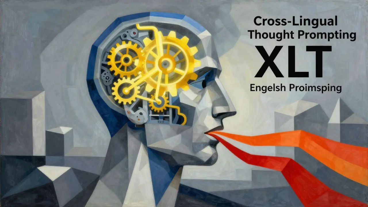 Cubist depiction of a brain reasoning in English while speaking another language