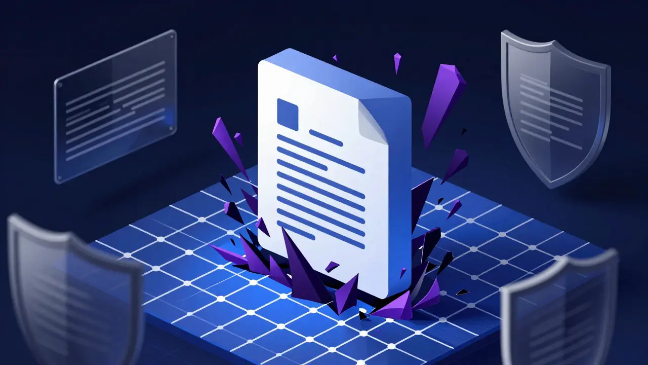 Cubist depiction of a poisoned vector document threatening a secure database grid
