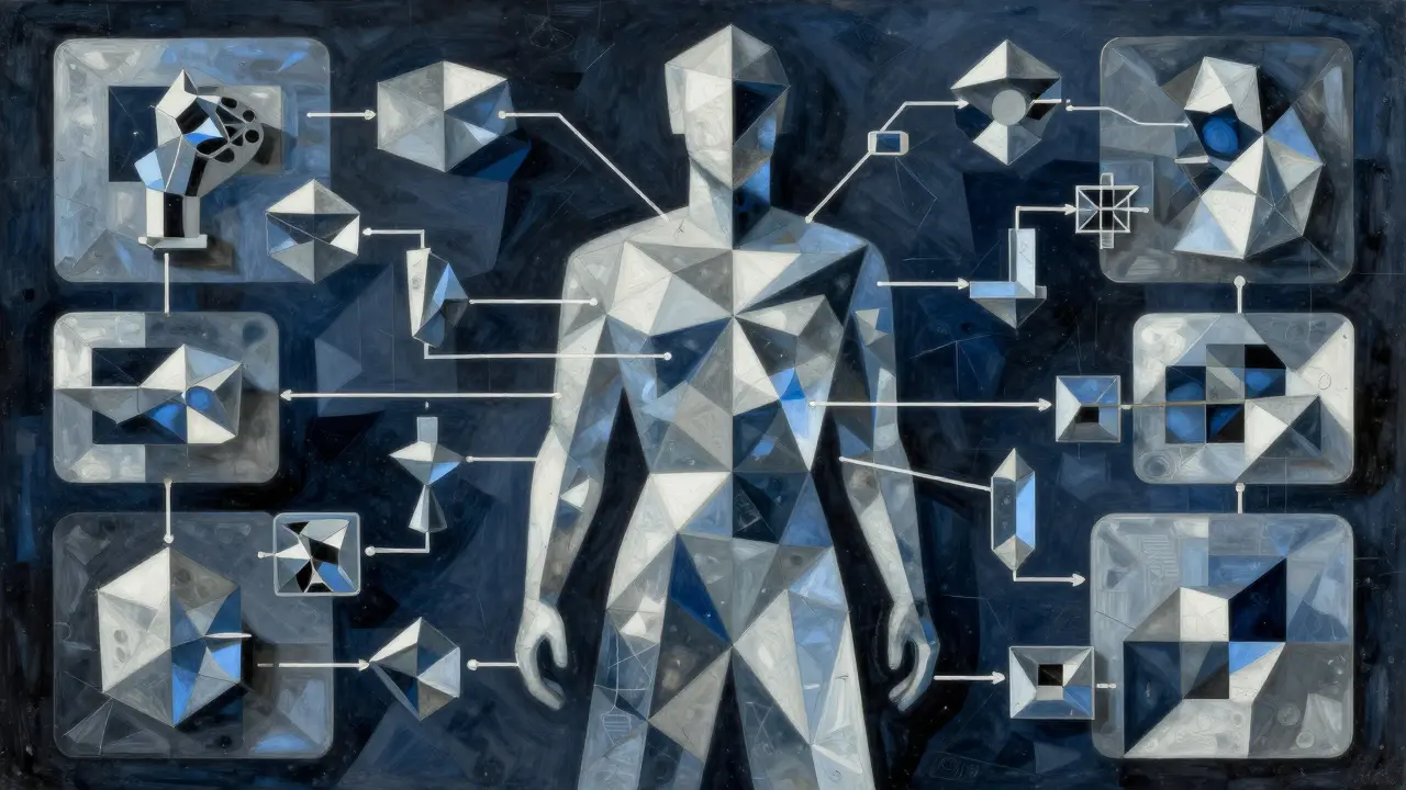 Cubist depiction of AI reasoning steps as geometric chains
