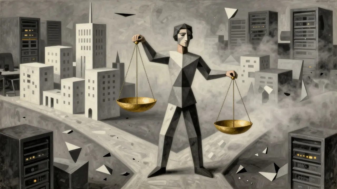 Cubist depiction of an AI agent choosing between precise answers and safe refusals at a fractured crossroads.