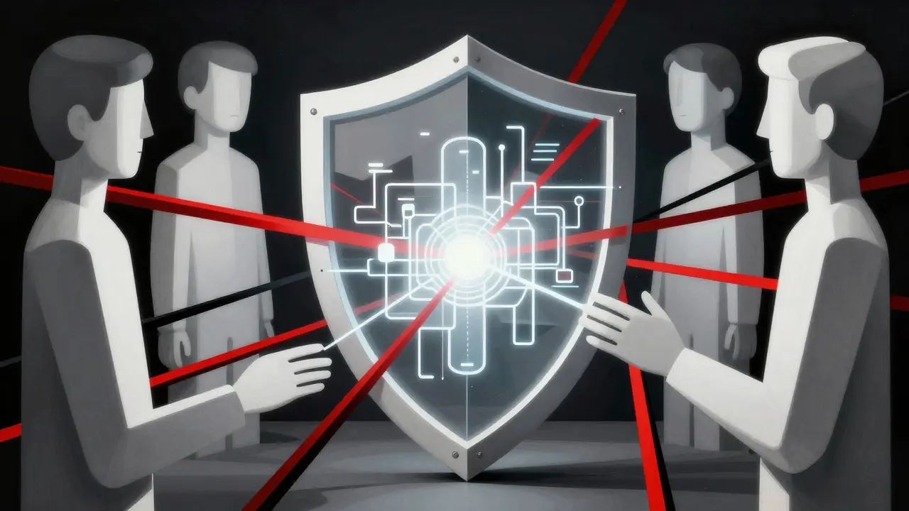 Cubist depiction of compliance guardrails protecting AI-generated financial code