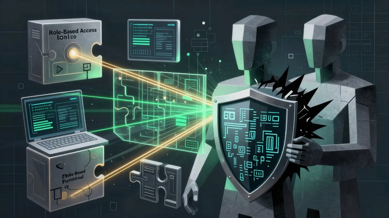 Cubist depiction of RBAC, encryption, and monitoring blocking data threats
