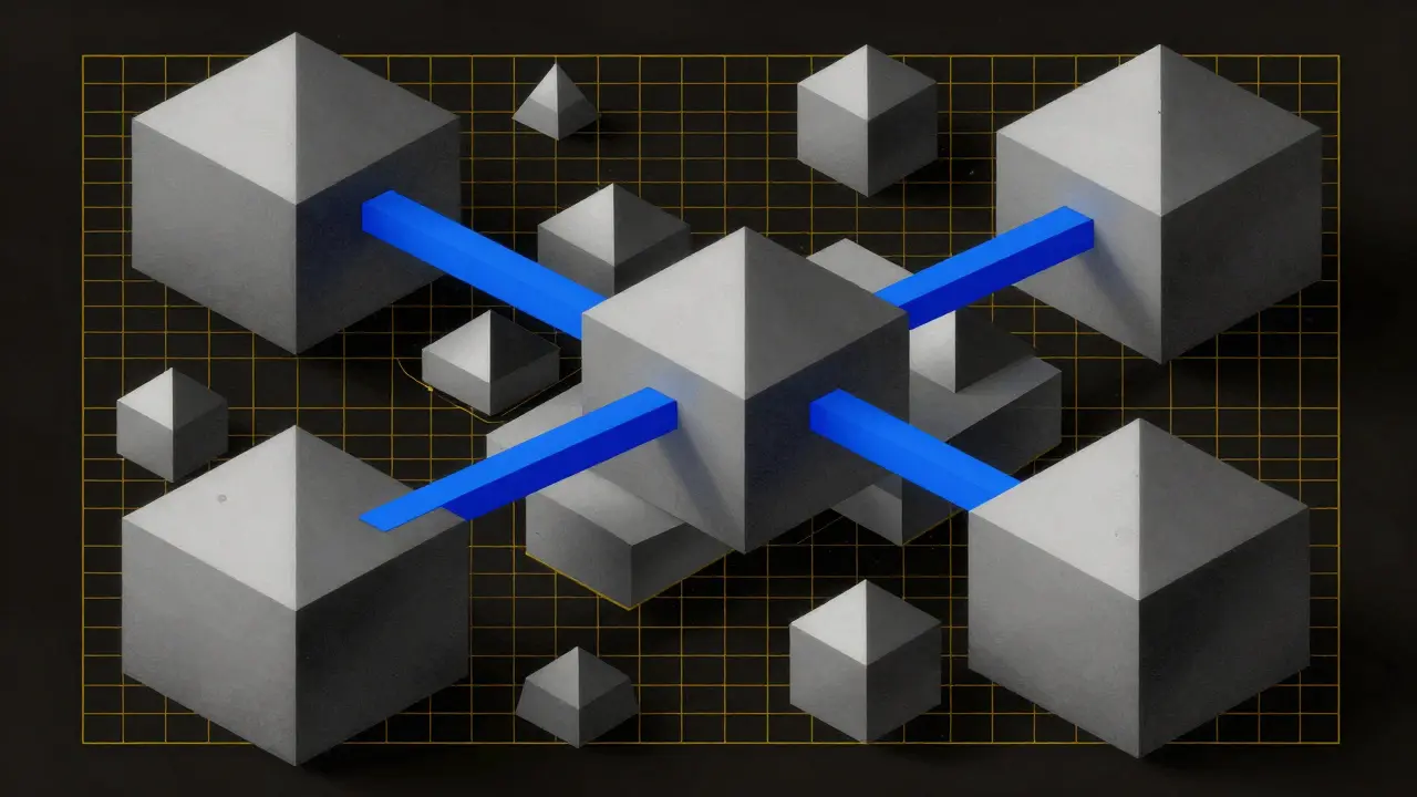 Cubist depiction of residual connections and layer normalization stabilizing a neural network.