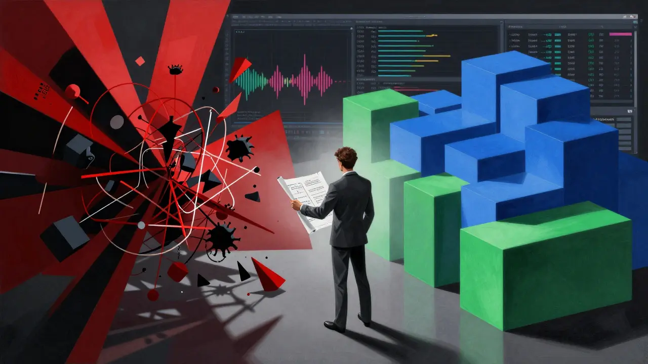 Cubist depiction of technical debt vs structured architecture in coding.