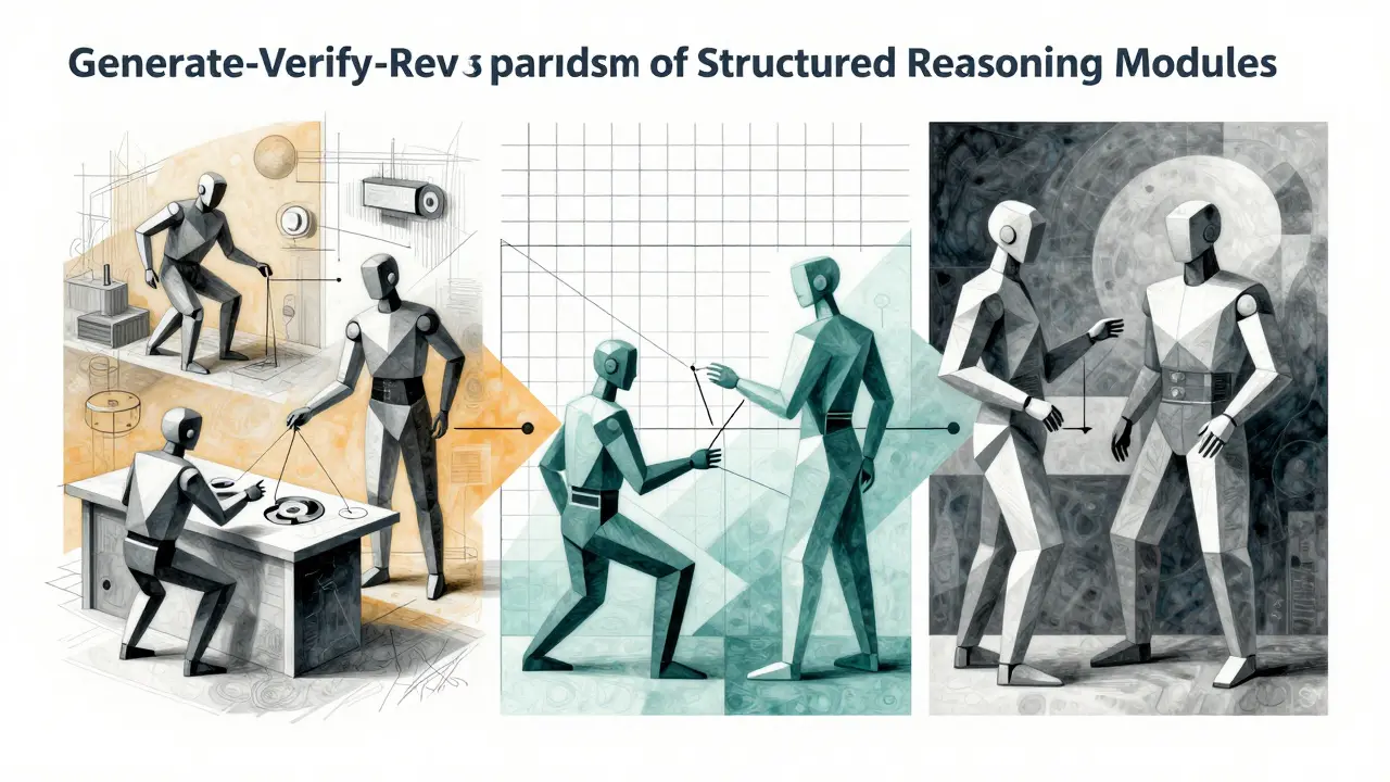 Cubist depiction of the structured Generate-Verify-Revise AI process.