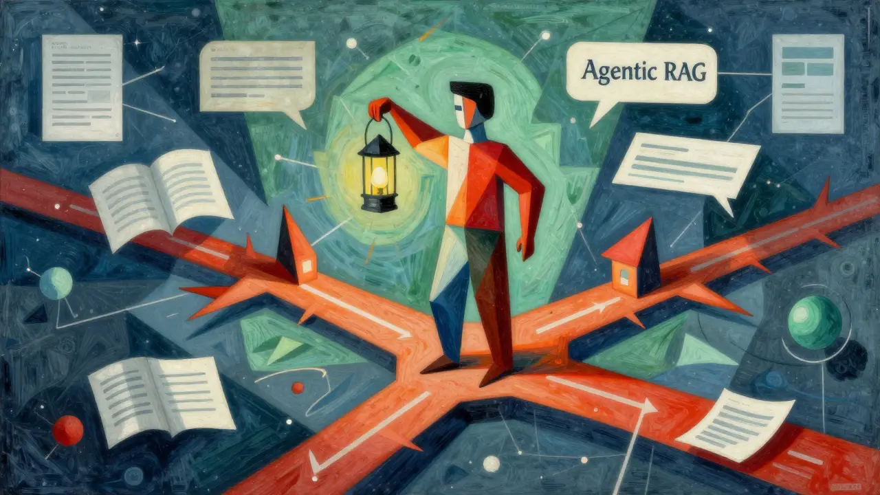 Cubist figure navigating branching data paths with a lantern