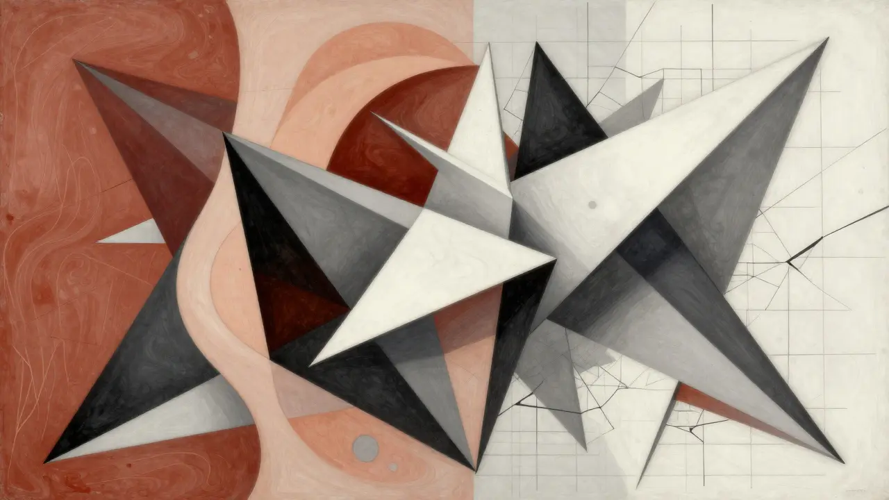 Cubist fusion of fluid patterns and rigid logic structures