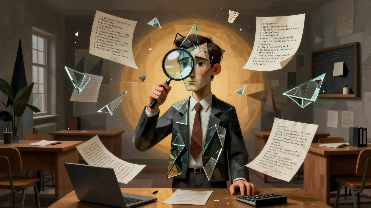 Cubist illustration of a user critically verifying AI-generated content
