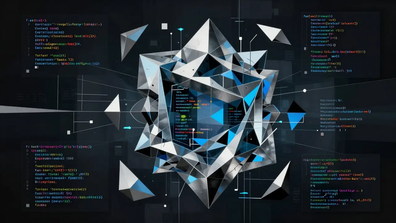 Cubist illustration of AI reasoning with fragmented code and logic shapes