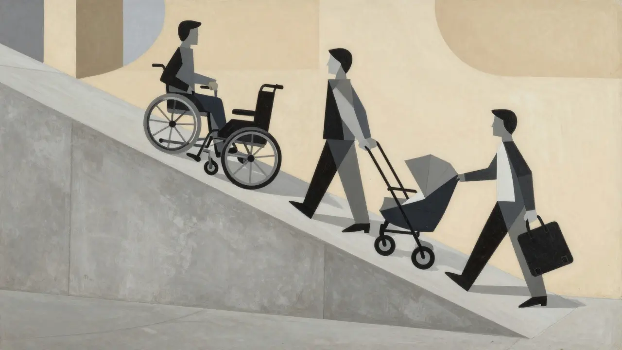 Cubist illustration of diverse people on a ramp symbolizing inclusion