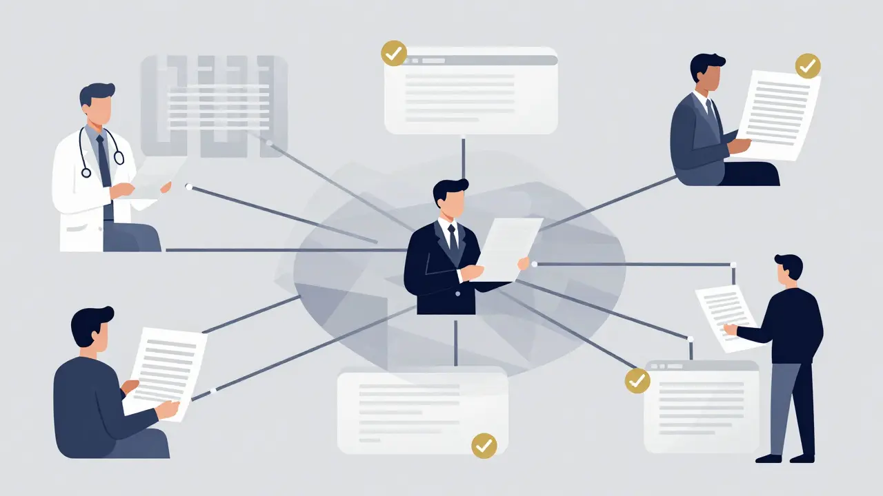 Cubist illustration of experts reviewing documents in a structured human-in-the-loop workflow