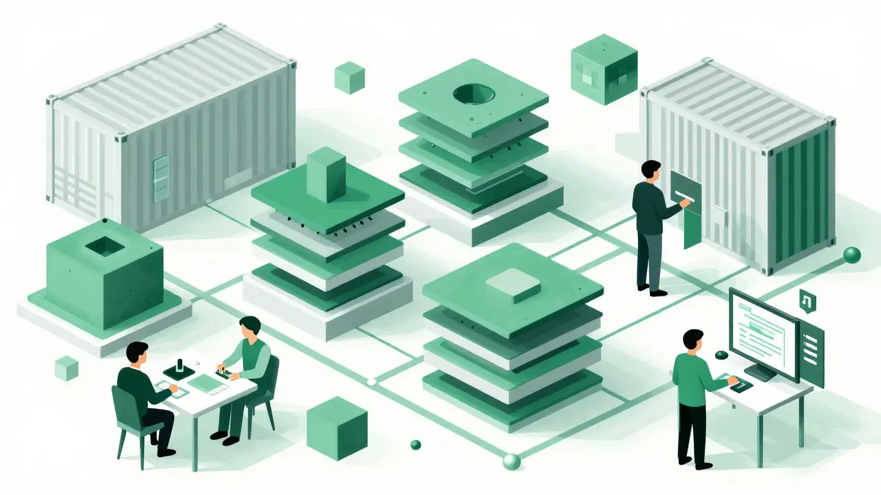 Cubist illustration of organized microservices and stable cloud architecture