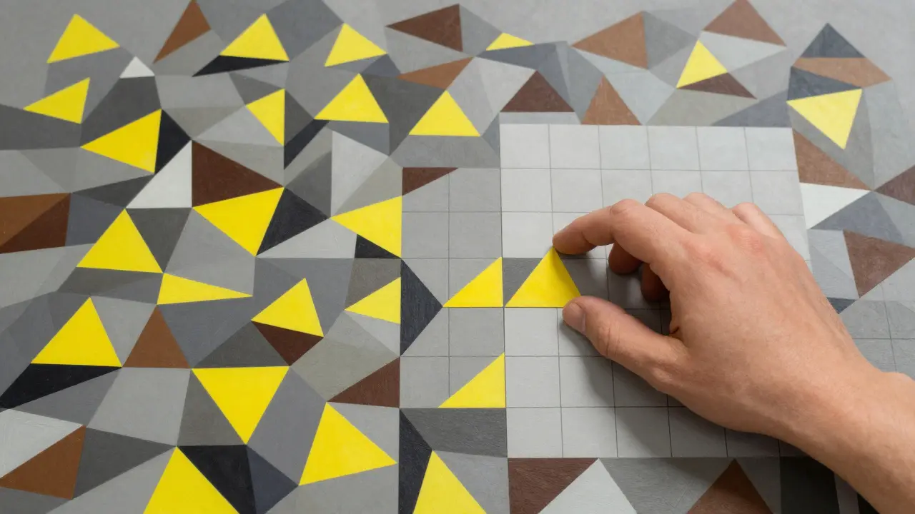 Cubist illustration of organizing scattered data shapes, representing attention focus.