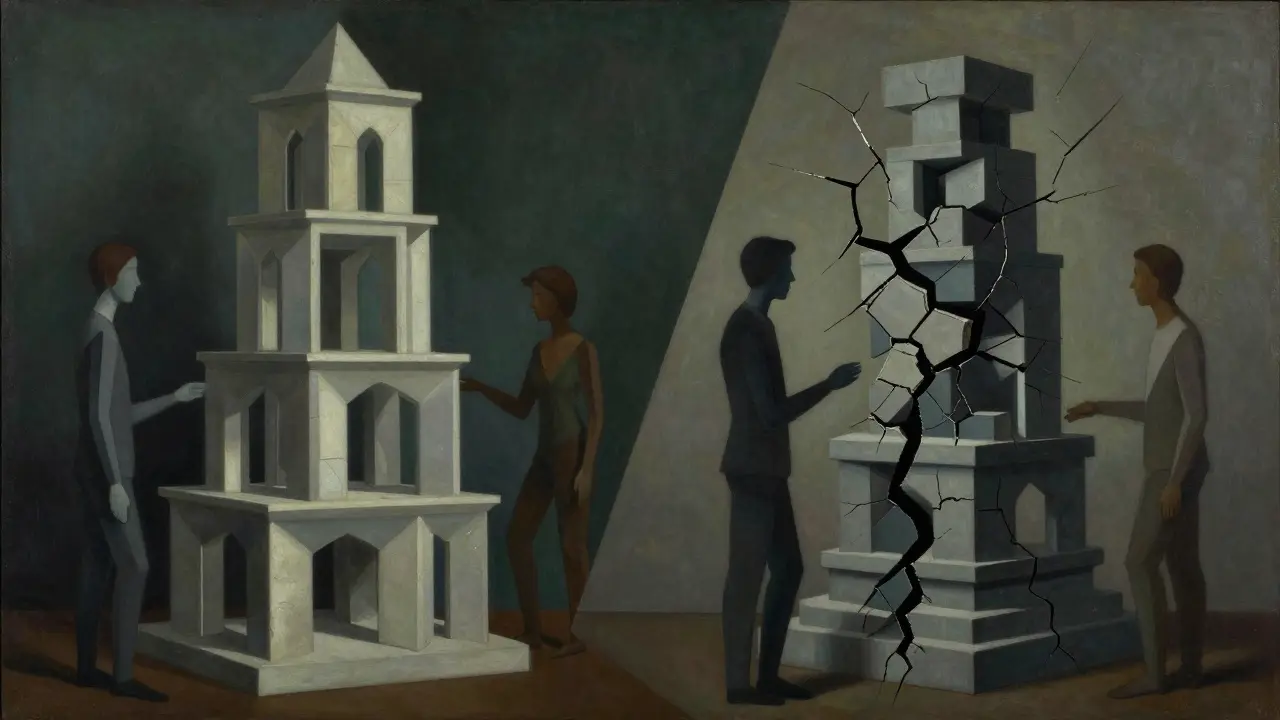 Cubist painting contrasting AI style polish with factual cracks