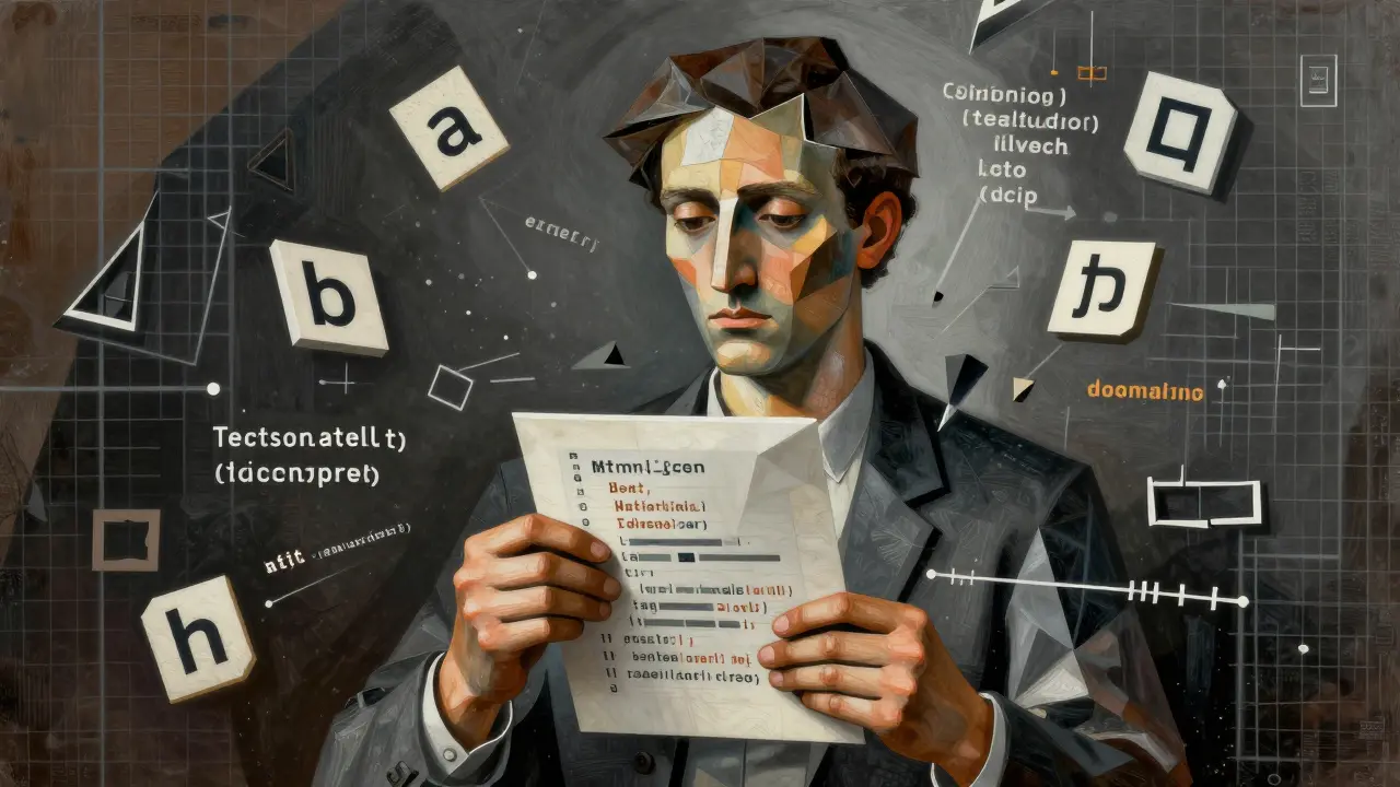 Cubist portrait of a developer surrounded by floating text tokens and code structures.