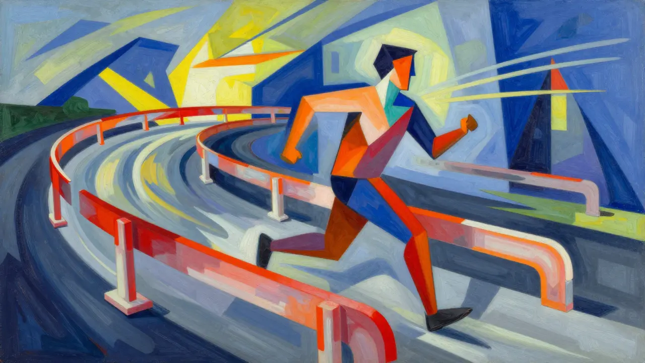 Dynamic Cubist scene of flowing shapes representing agile AI accountability