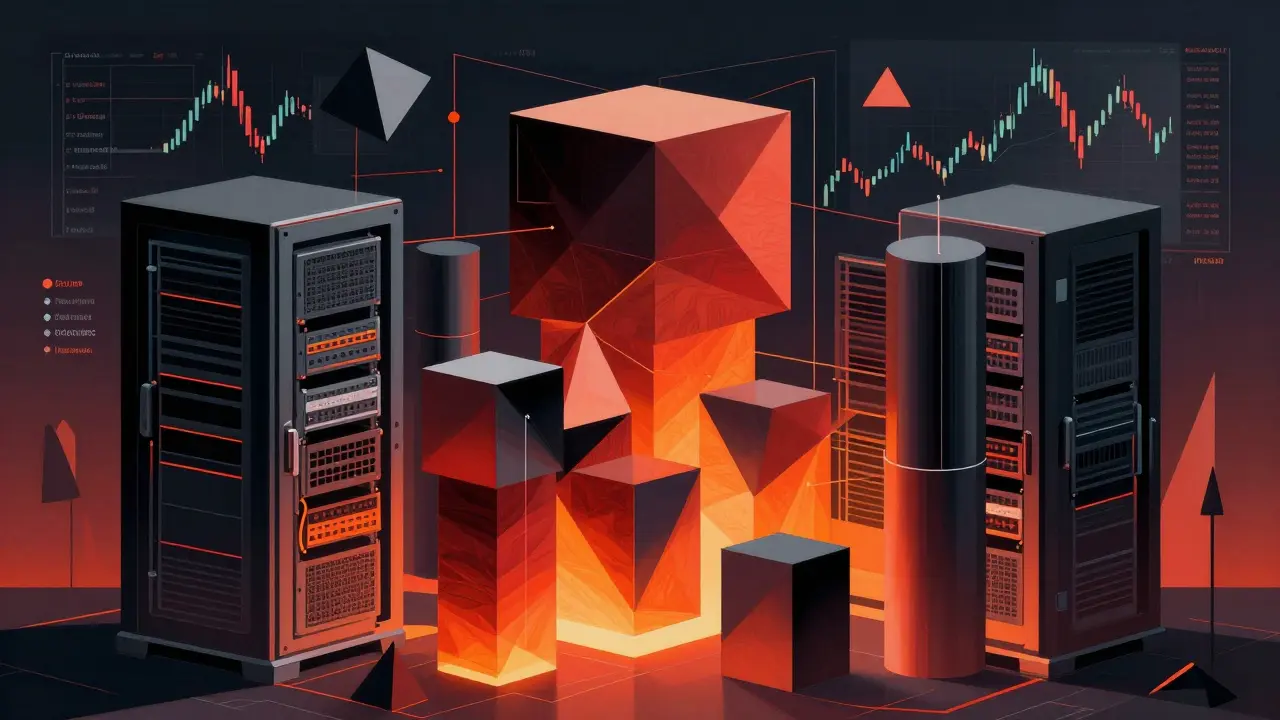 Geometric Cubist depiction of overheating servers, showing high computational costs.