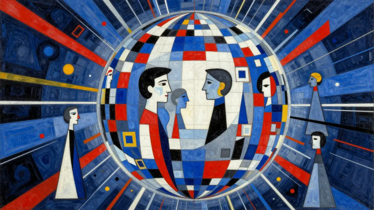 Synthetic cubism image of an evolving AI sphere integrating human judgment symbols