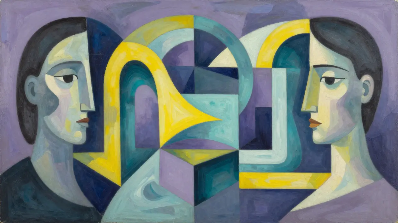 Abstract Cubist painting illustrating hybrid AI normalization techniques and evolution